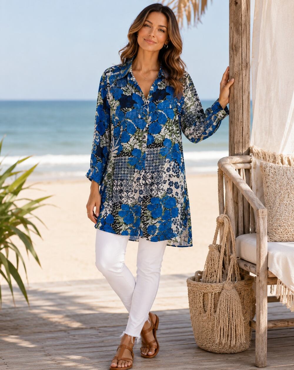 Women’s Blue Floral Patchwork Tunic Blouse Size Medium